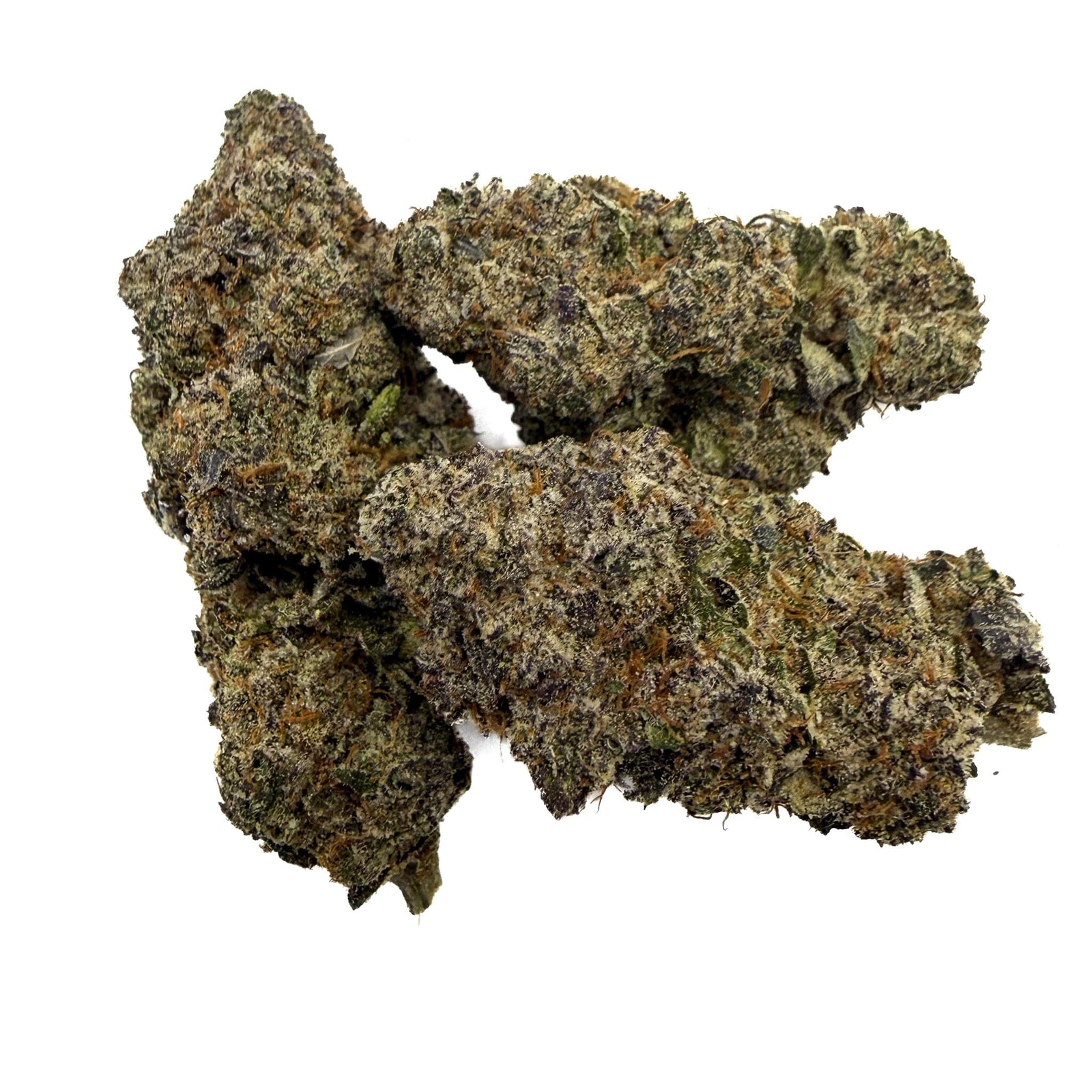 A single dried Black Cherry Runtz bud cluster with dense trichomes, isolated on a solid white background.