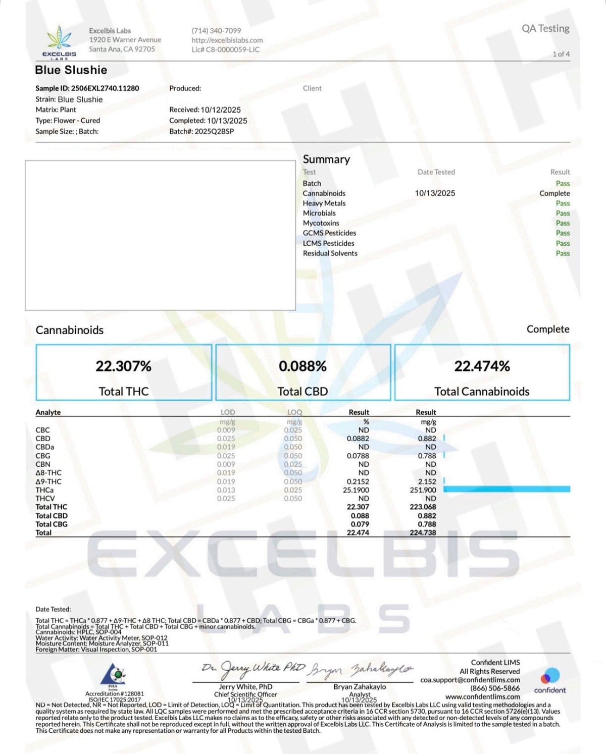 Lab test result for a product labeled 'Blue Slushie' with cannabinoid percentages.