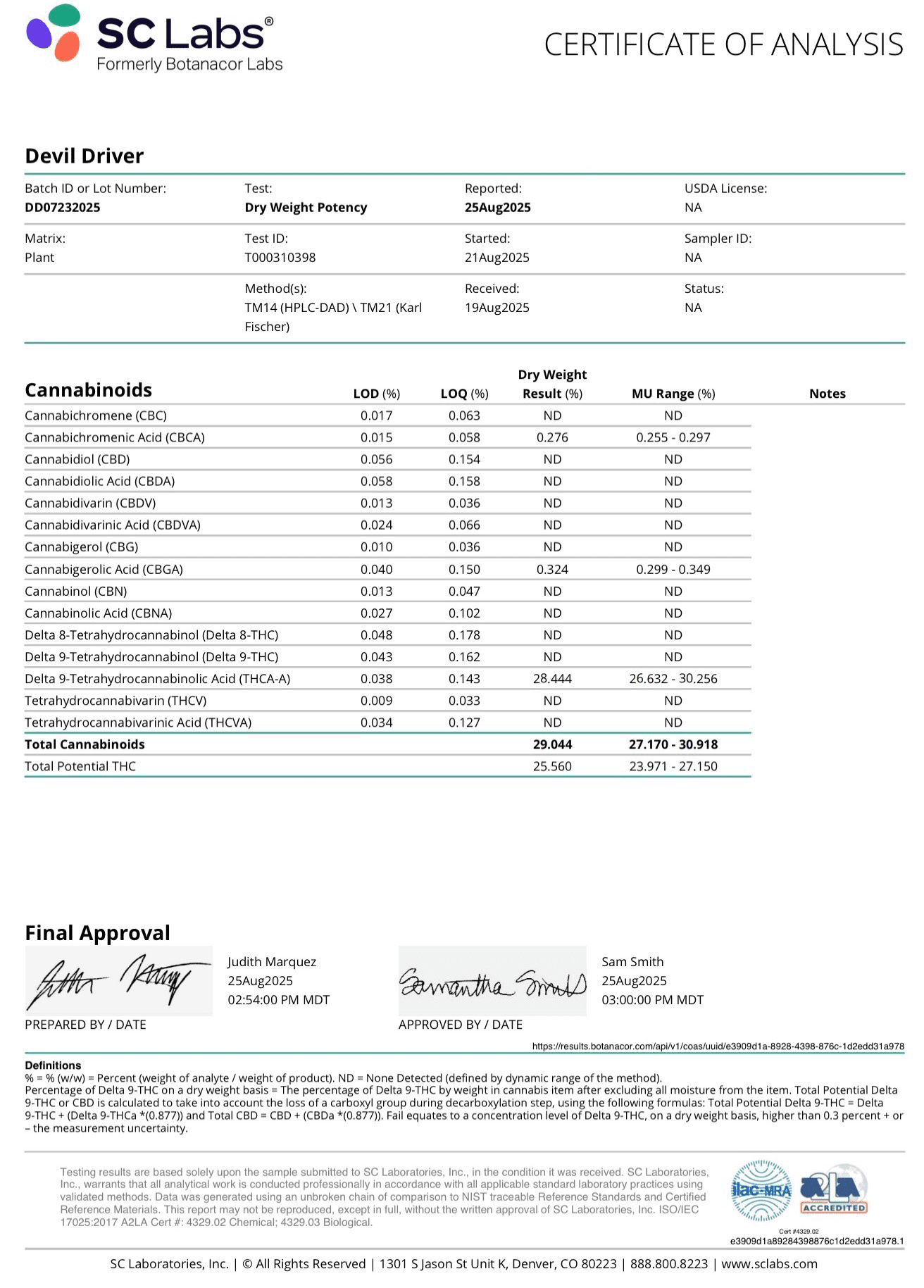 SC Labs Certificate of Analysis for Devil Driver cannabis flower 