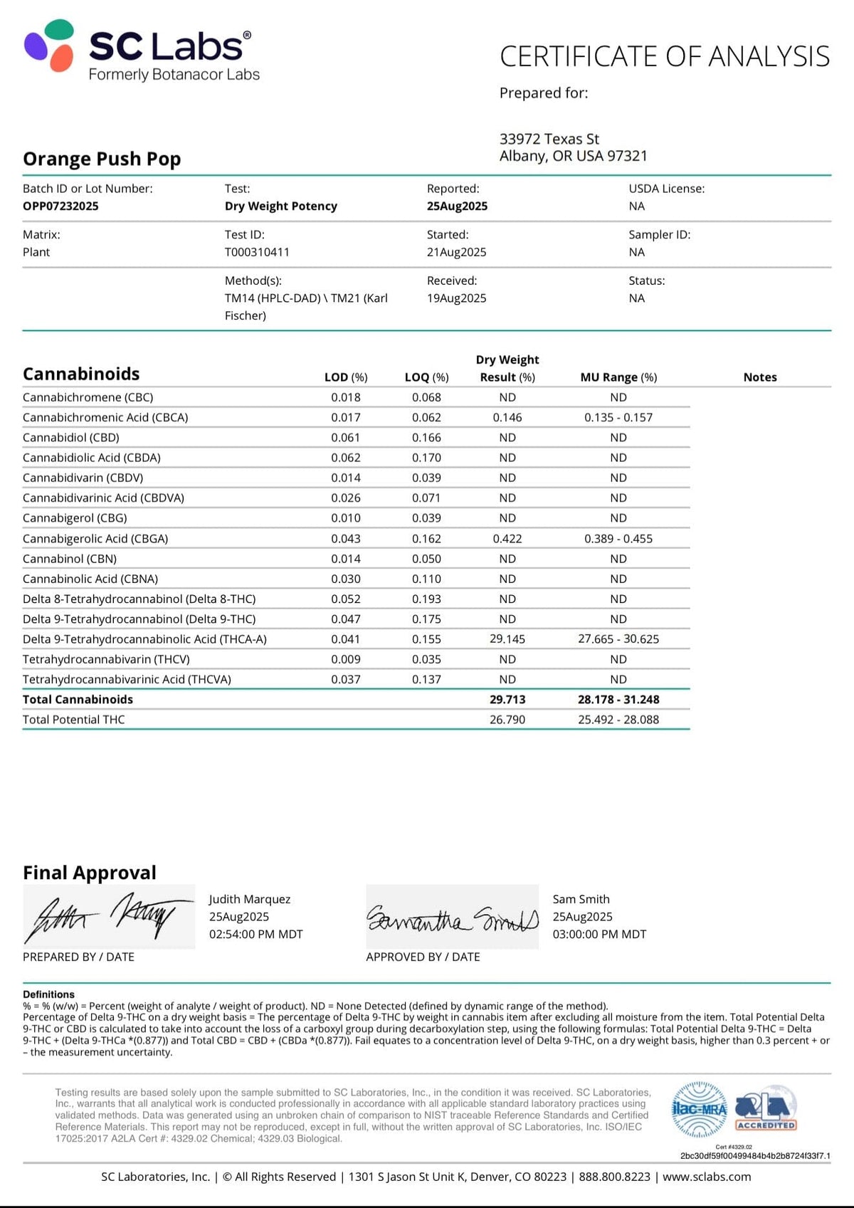 Certificate of Analysis for Orange Push Pop from SC Labs